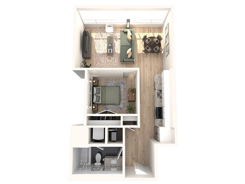 Floor plan for 1 bed, 1 bath, 607 sqft